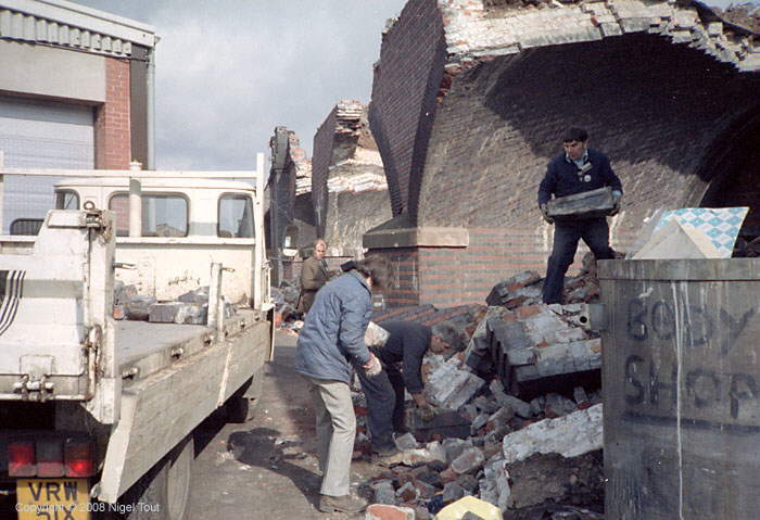 Retrieving bricks during the demolition of the ex-Great Central Railway north viaduct, Leicester