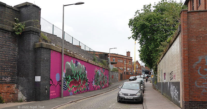 Site of GCR bridge, Welles Street, Leicester, with graffiti